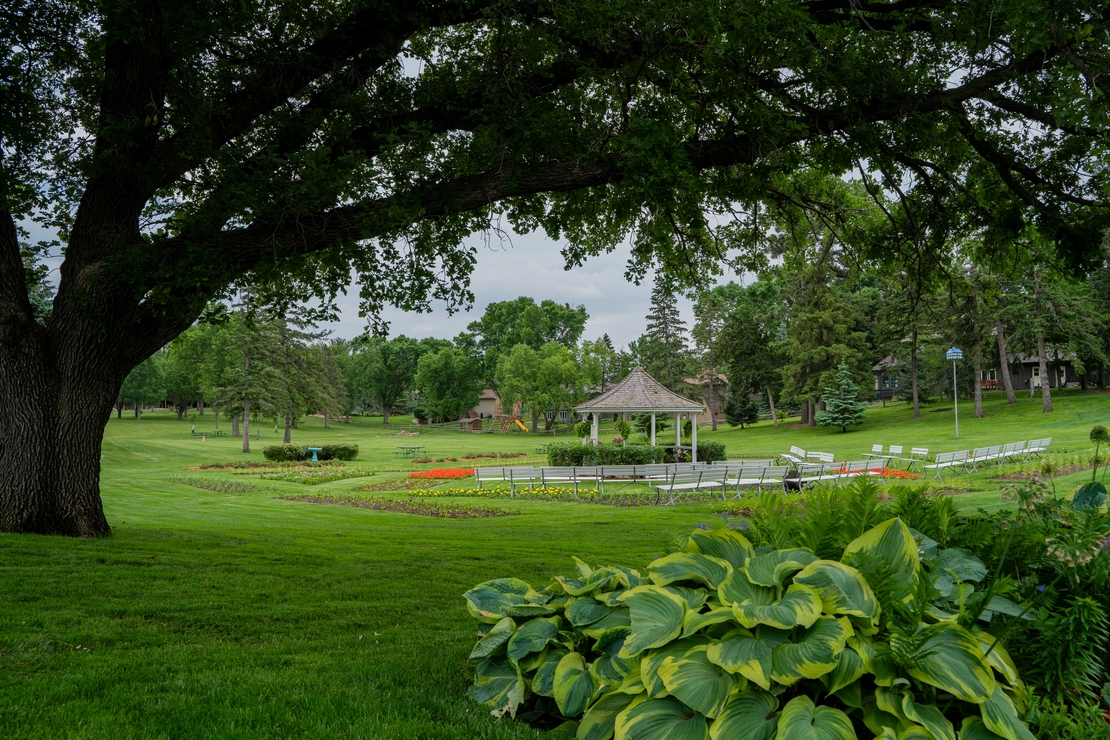 A photograph of the Tuthill House in Tuthill Park. Pink flowers are visible in the foreground with trees, and the white Tuthill House is in the background.